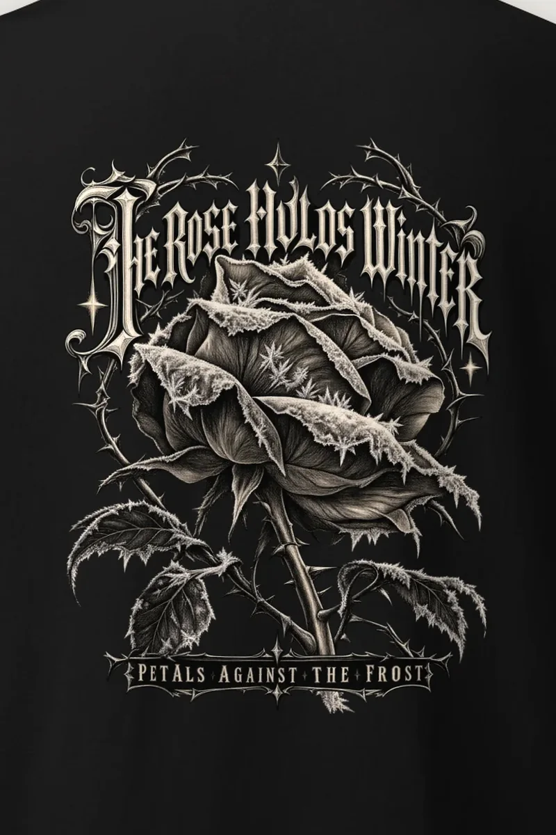 "The Rose Holds Winter Petals" Heavyweight Unisex Crewneck T-shirt - the graphic up close