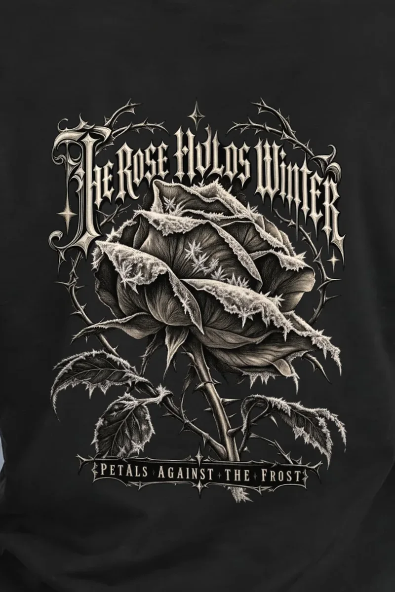 "The Rose Holds Winter Petals" Heavyweight Unisex Crewneck T-shirt - the graphic up close