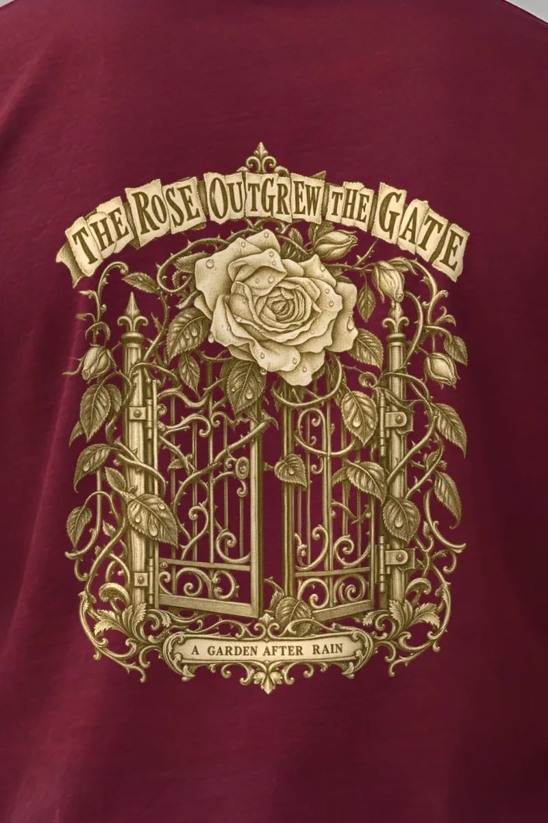 "The Rose Outgrew the Gate" Heavyweight Unisex Crewneck T-shirt - the graphic up close