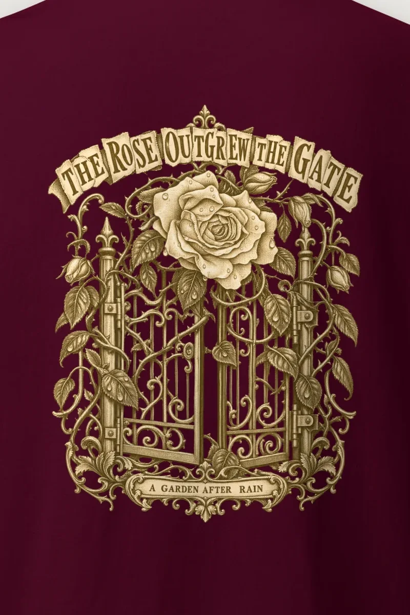 "The Rose Outgrew the Gate" Heavyweight Unisex Crewneck T-shirt - the graphic up close