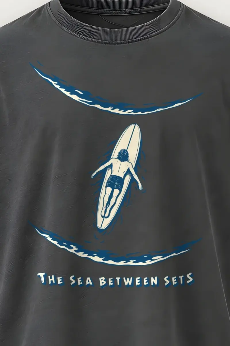 "The Sea Between Sets" Men’s Oversized Heavyweight Crewneck T-Shirt - the graphic up close