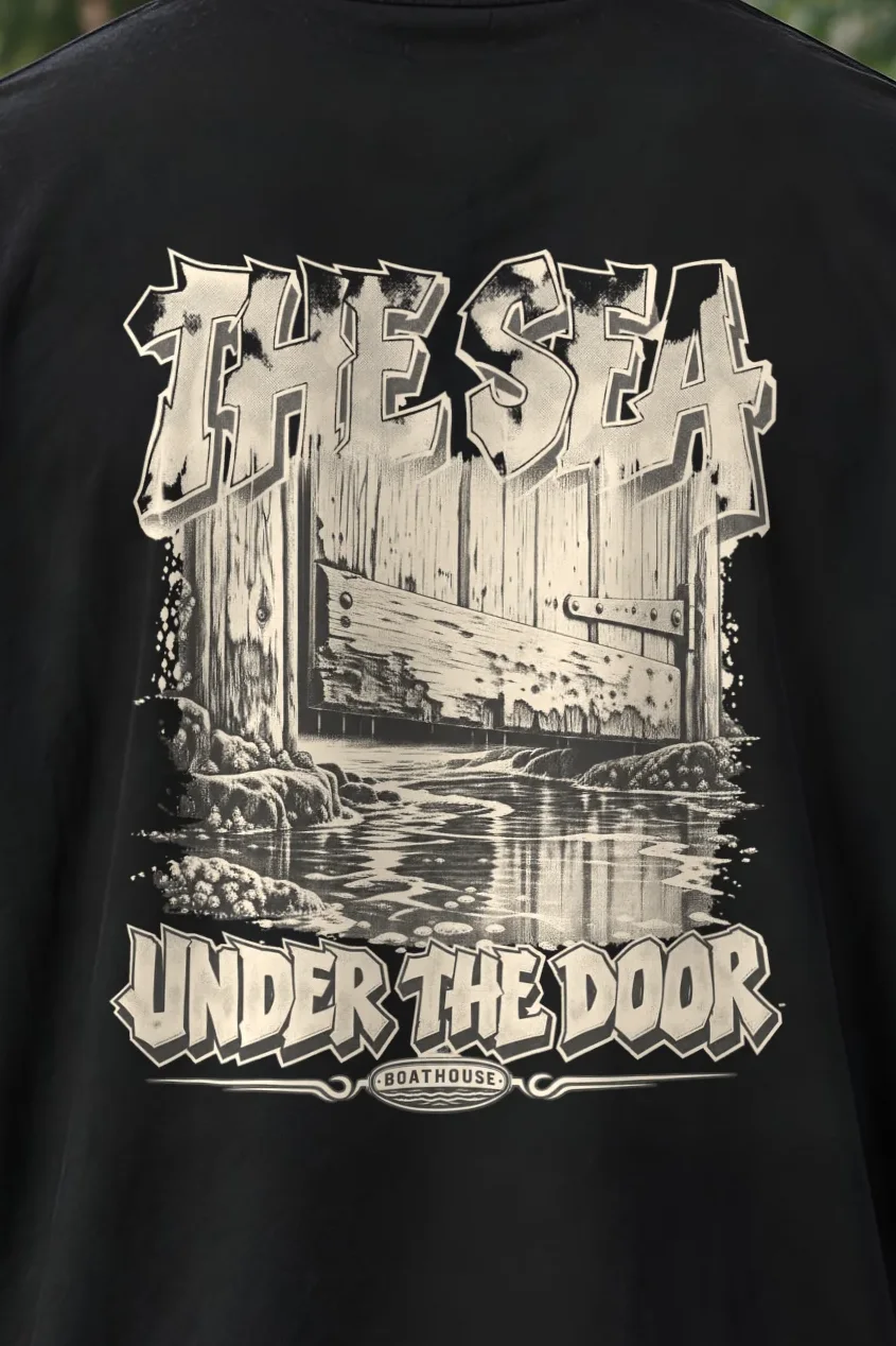 "The Sea Under the Door" Men’s Oversized Heavyweight Crewneck T-Shirt - the graphic up close