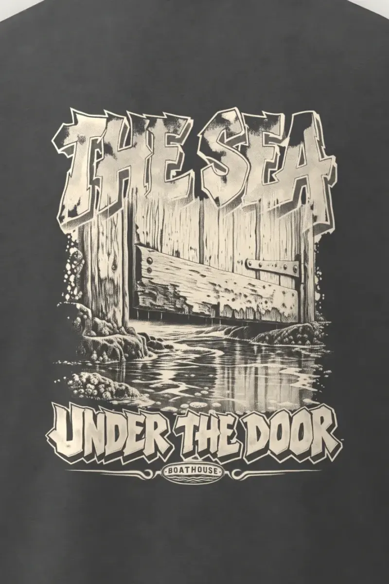 "The Sea Under the Door" Men’s Oversized Heavyweight Crewneck T-Shirt - the graphic up close