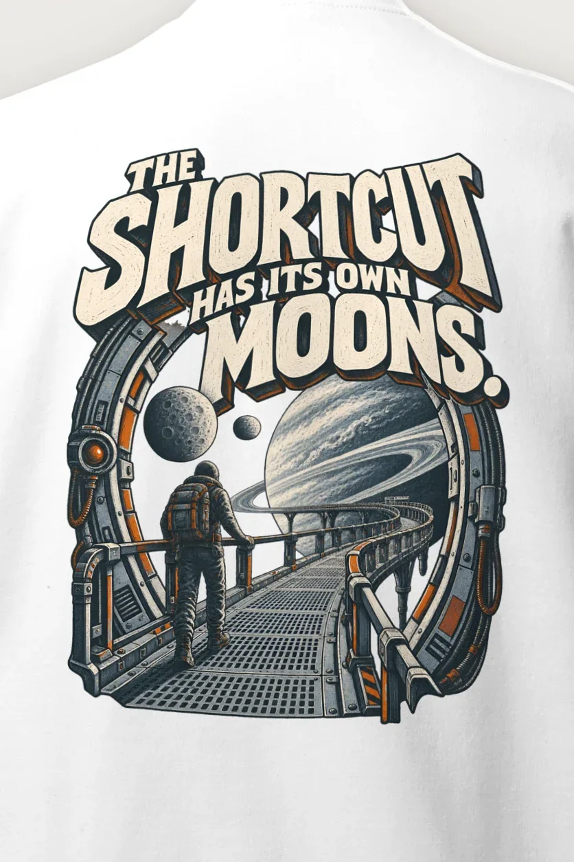 "The Shortcut Has Its Own Moons" Heavy Blend Unisex Crewneck Sweatshirt - the graphic up close