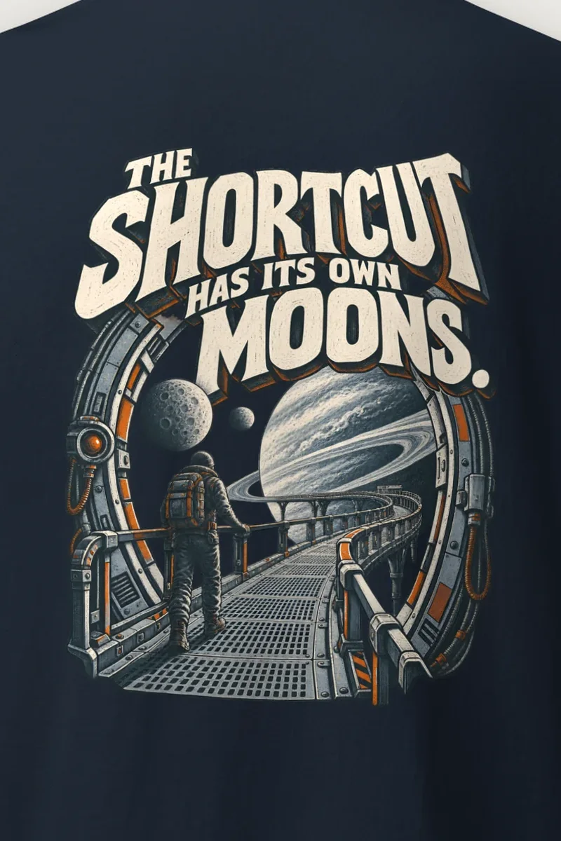"The Shortcut Has Its Own Moons" Heavyweight Unisex Crewneck T-shirt - the graphic up close