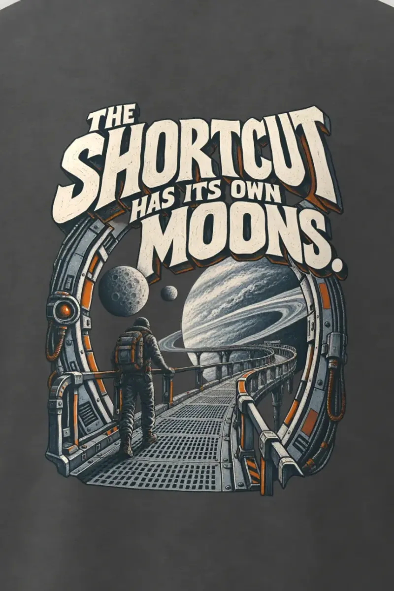 "The Shortcut Has Its Own Moons" Men’s Oversized Heavyweight Crewneck T-Shirt - the graphic up close