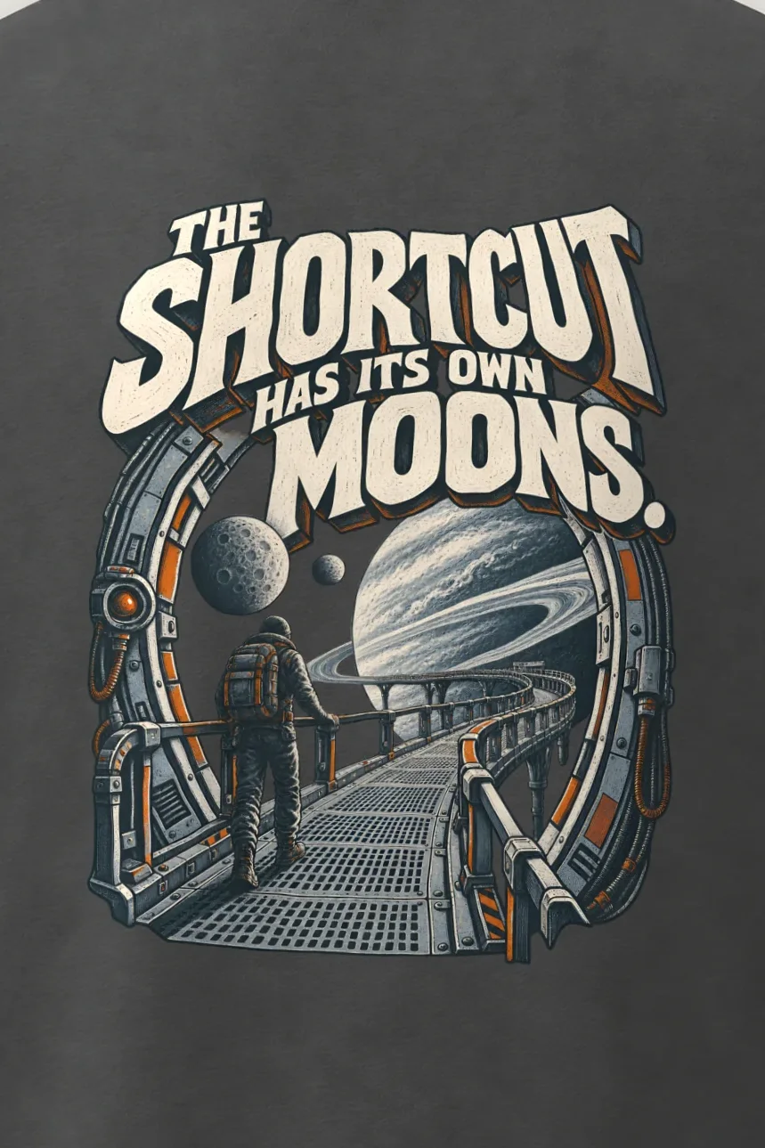 "The Shortcut Has Its Own Moons" Men’s Oversized Heavyweight Crewneck T-Shirt - the graphic up close
