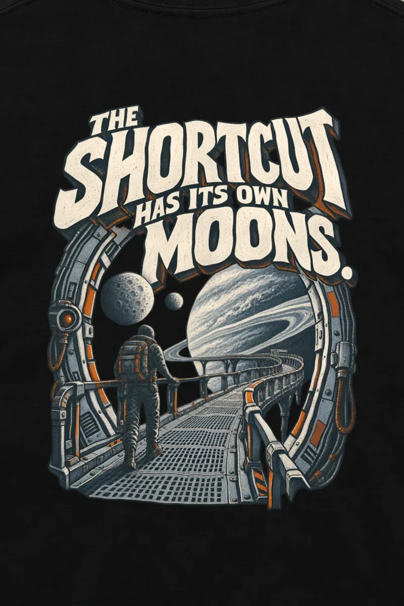 "The Shortcut Has Its Own Moons" Unisex Longsleeve T-shirt - the graphic up close