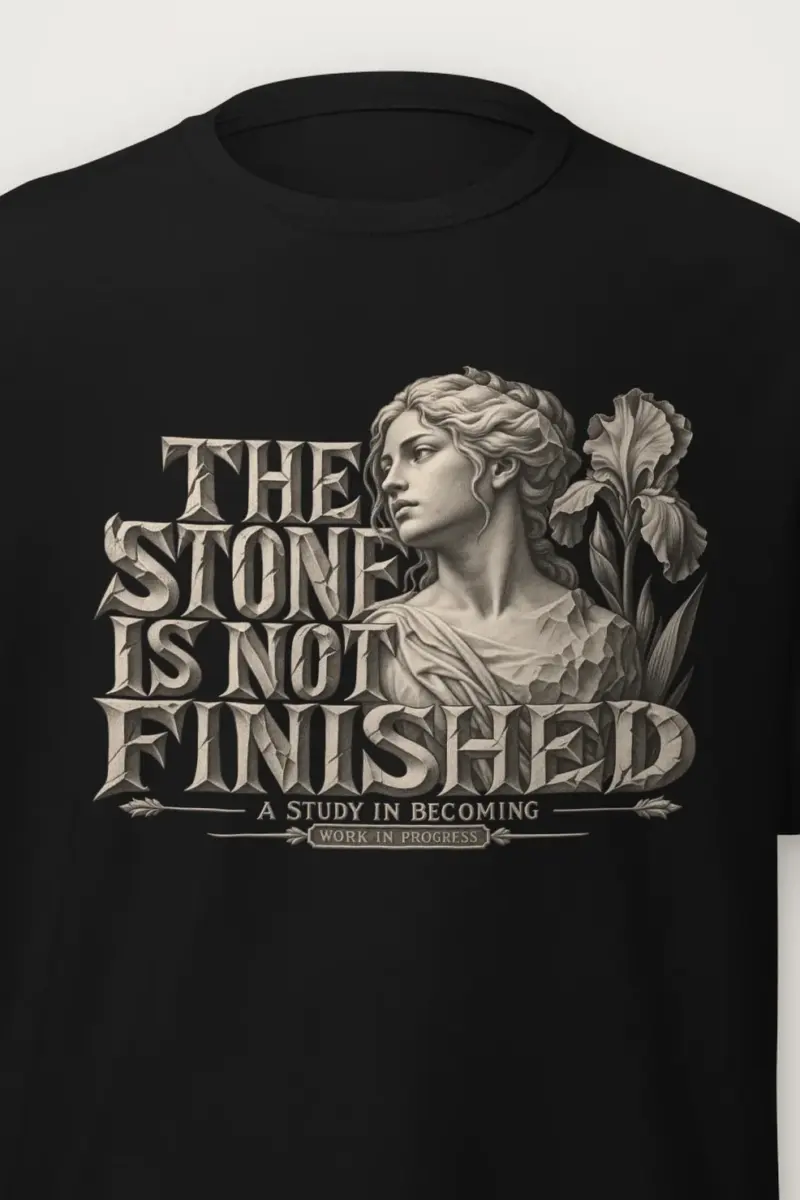 "THE STONE IS NOT FINISHED" Heavyweight Unisex Crewneck T-shirt - the graphic up close