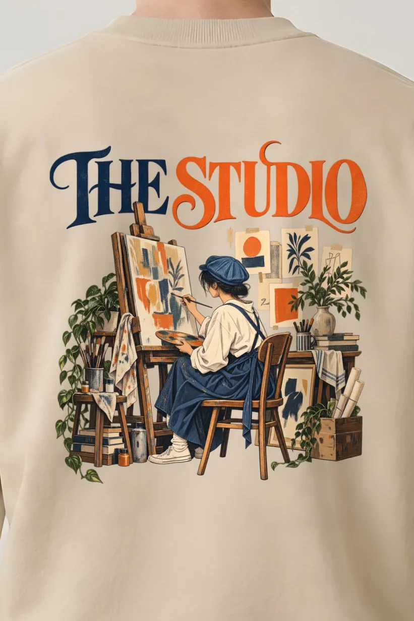 "The Studio" 1 Crewneck Sweatshirt - the graphic up close