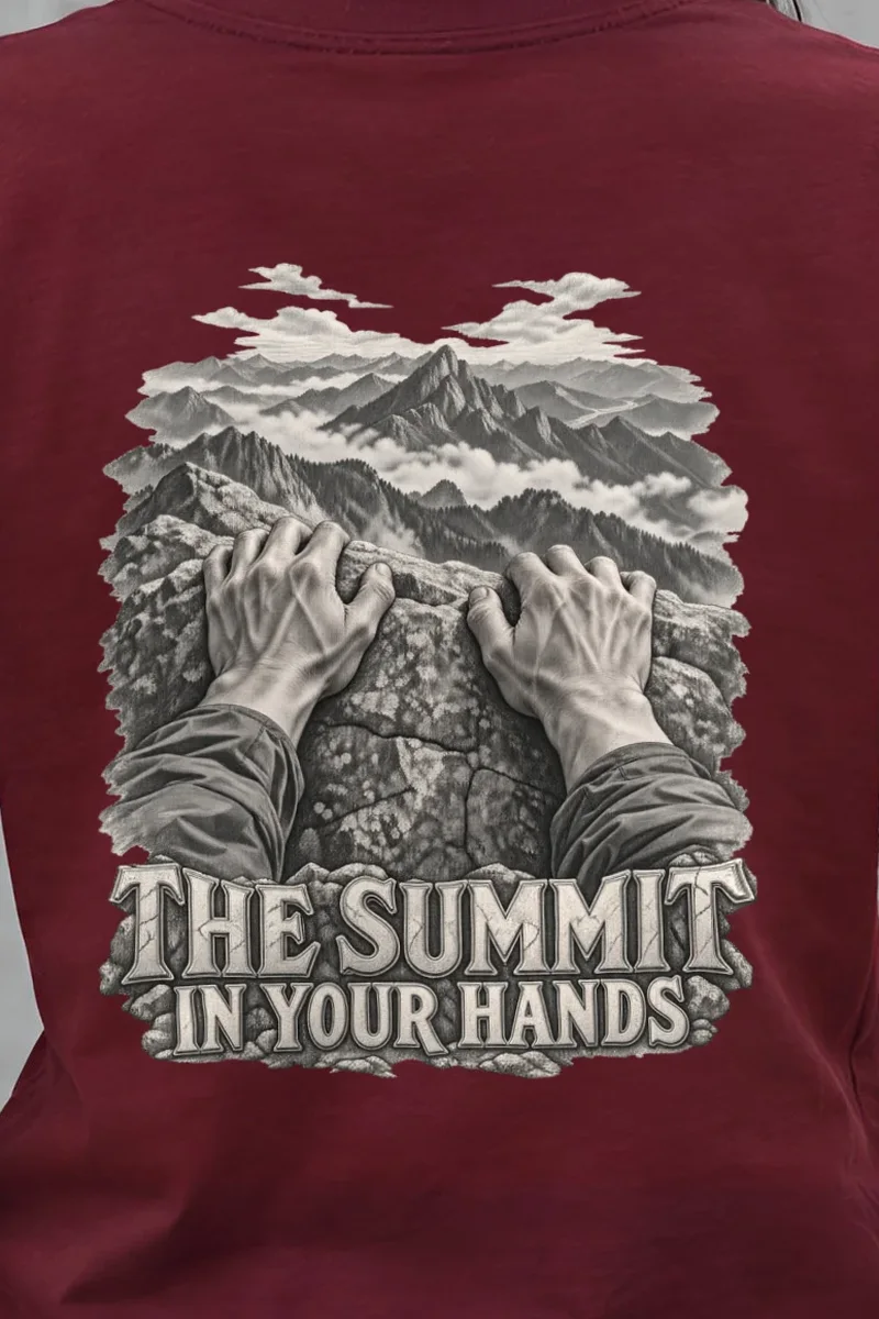 "The Summit In Your Hands" Heavyweight Unisex Crewneck T-shirt - the graphic up close