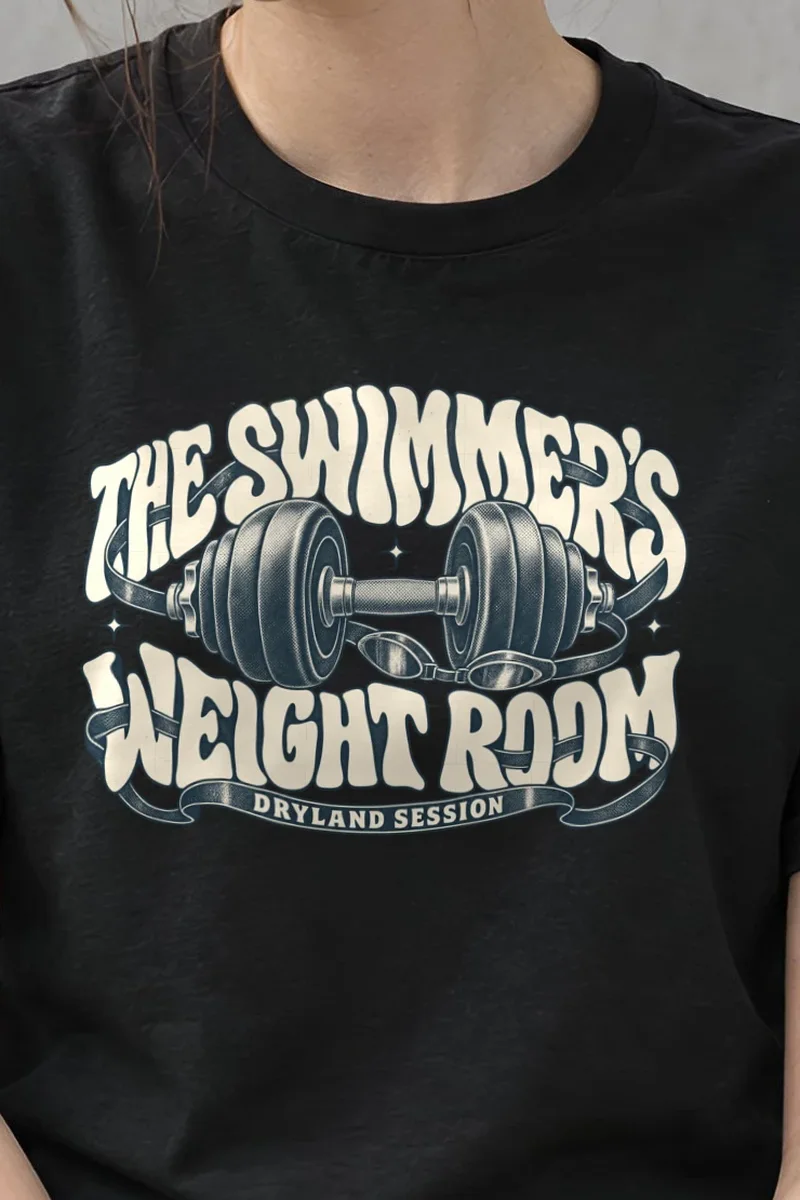 "The Swimmer’s Weight Room" Heavyweight Unisex Crewneck T-shirt - the graphic up close