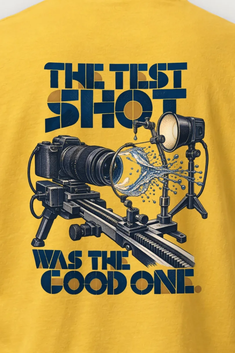 "The Test Shot Was the Good One" Heavyweight Unisex Crewneck T-shirt - the graphic up close