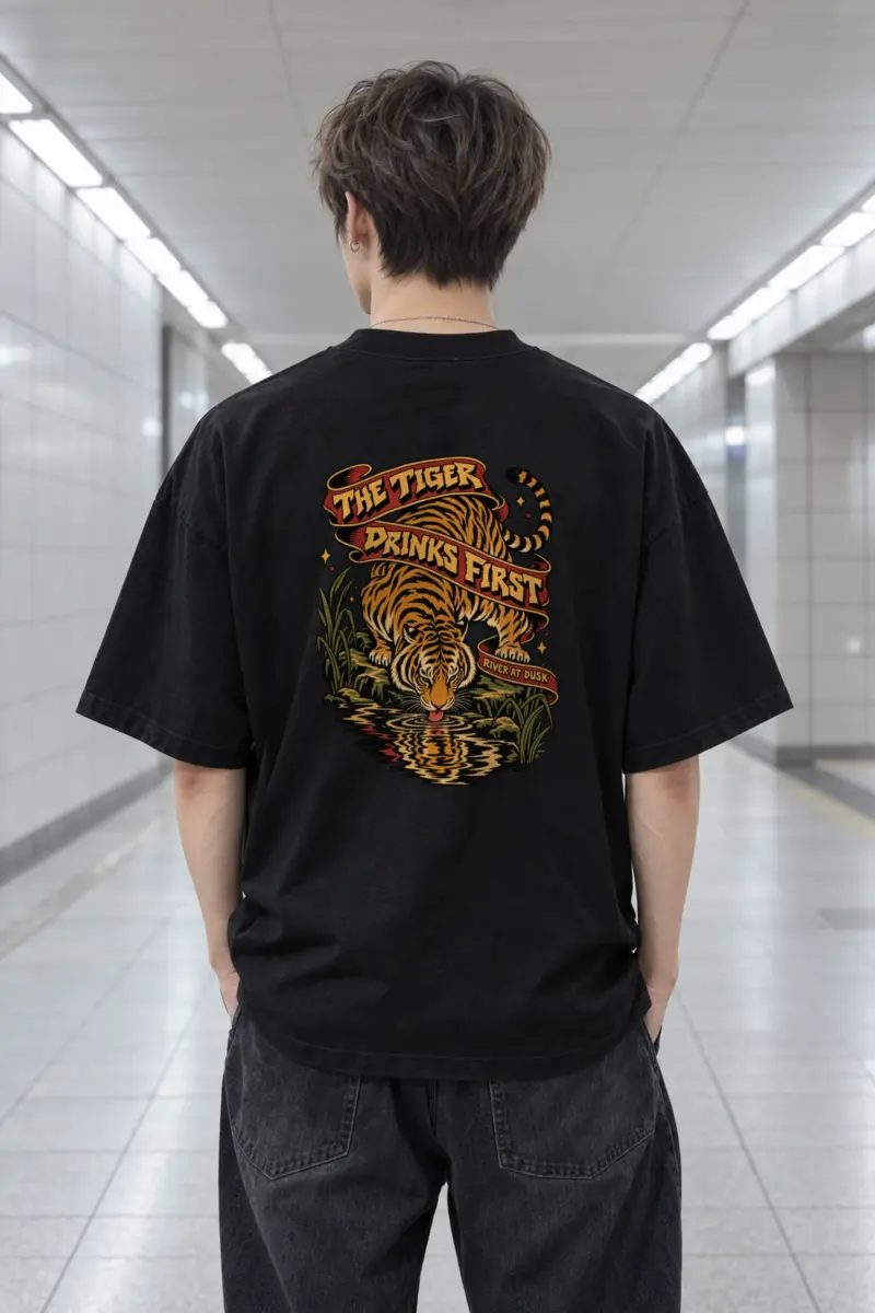 "The Tiger Drinks First" Men's Oversized Heavyweight Crewneck T-Shirt