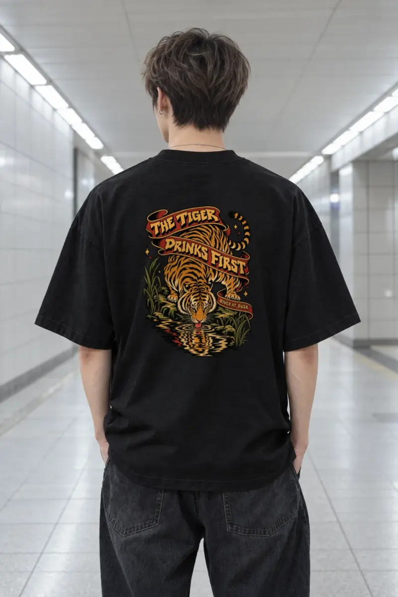 "The Tiger Drinks First" Men's Oversized Heavyweight Crewneck T-Shirt