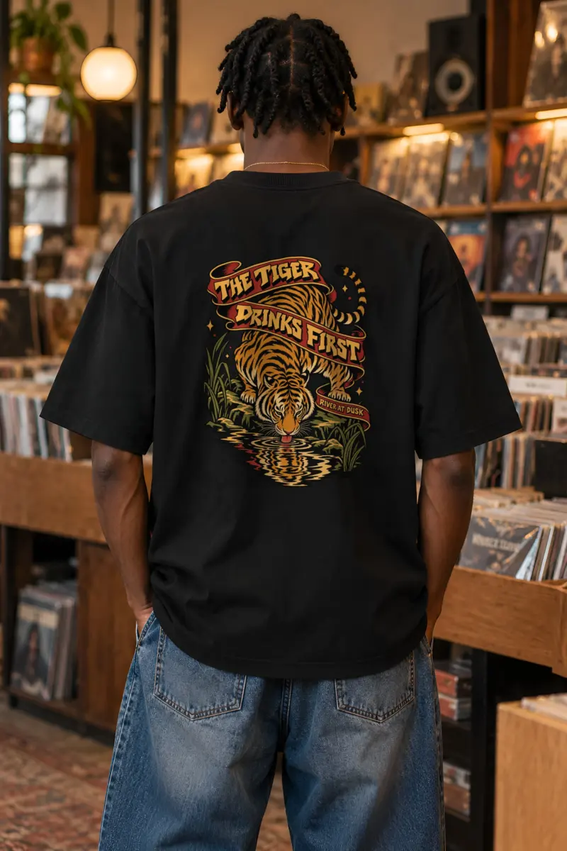 "The Tiger Drinks First" Unisex Oversized Heavyweight Crewneck T-Shirt