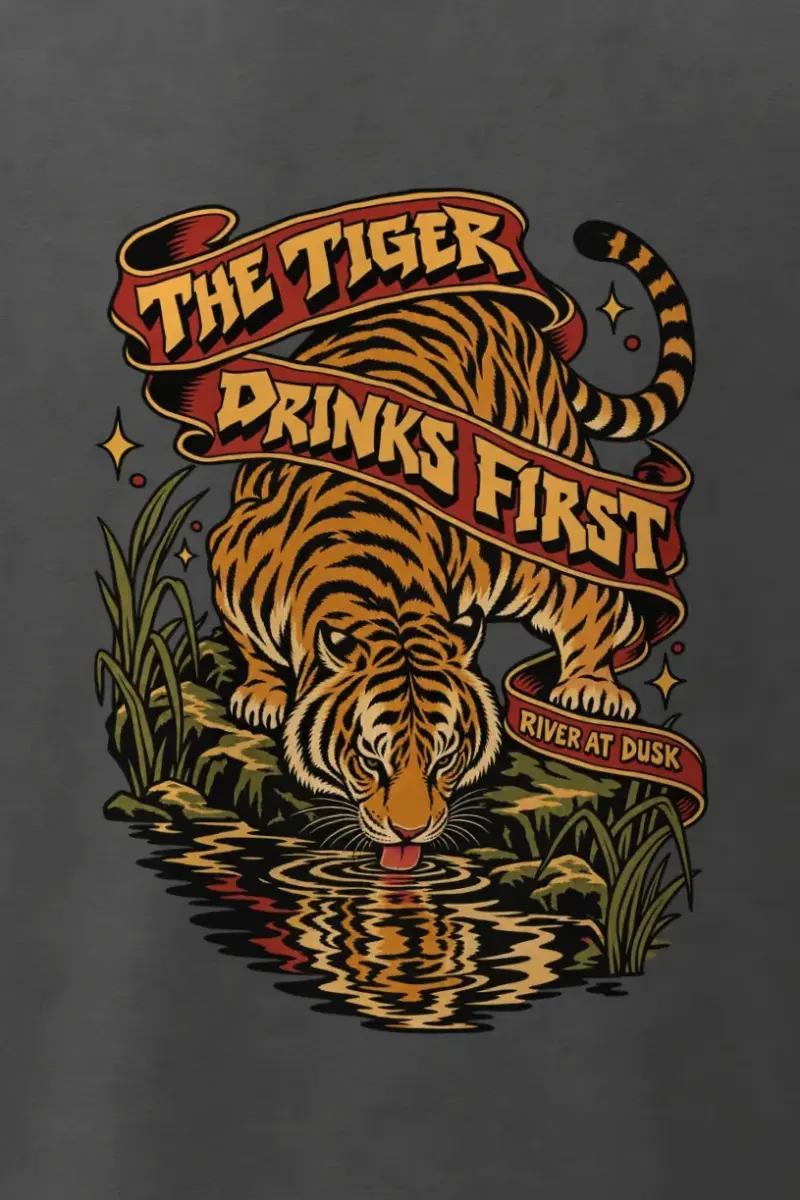"The Tiger Drinks First" Men’s Oversized Heavyweight Crewneck T-Shirt - the graphic up close