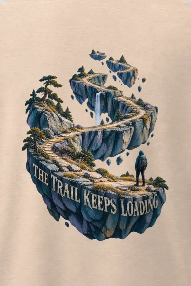 "The Trail Keeps Loading" Men’s Oversized Heavyweight Crewneck T-Shirt - the graphic up close
