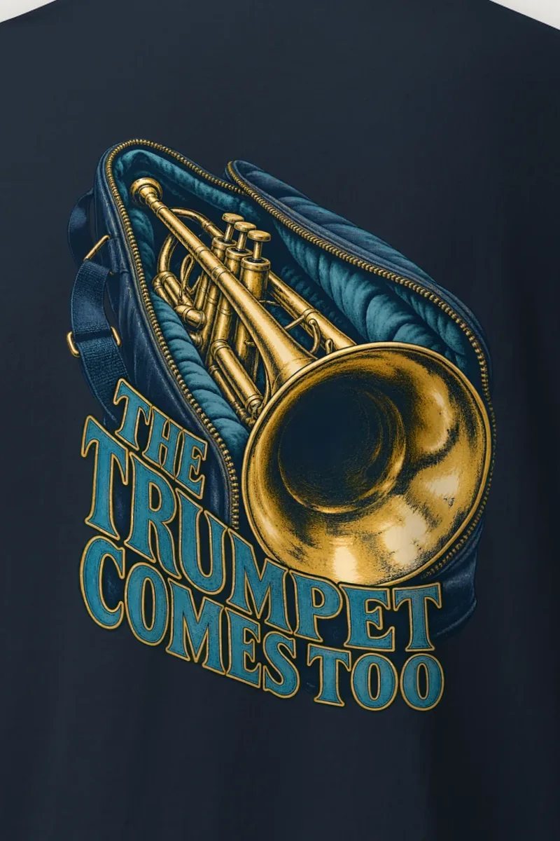 "The Trumpet Comes Too" Heavyweight Unisex Crewneck T-shirt - the graphic up close