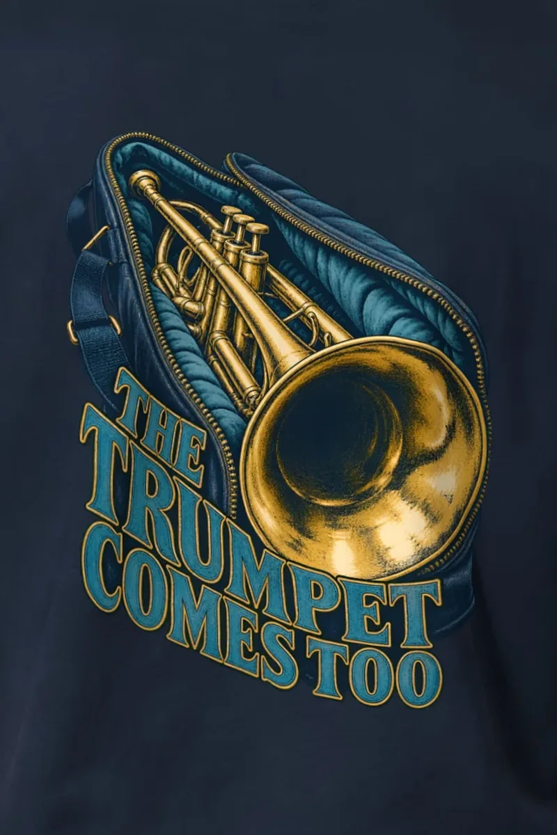 "The Trumpet Comes Too" Heavyweight Unisex Crewneck T-shirt - the graphic up close