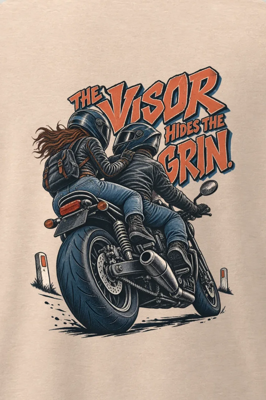 "The Visor Hides The Grin" Men’s Oversized Heavyweight Crewneck T-Shirt - the graphic up close