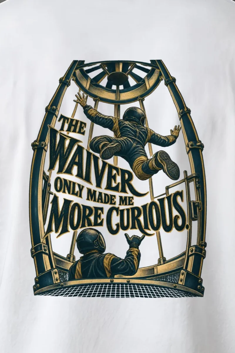 "The Waiver Only Made Me More Curious" Heavyweight Unisex Crewneck T-shirt - the graphic up close