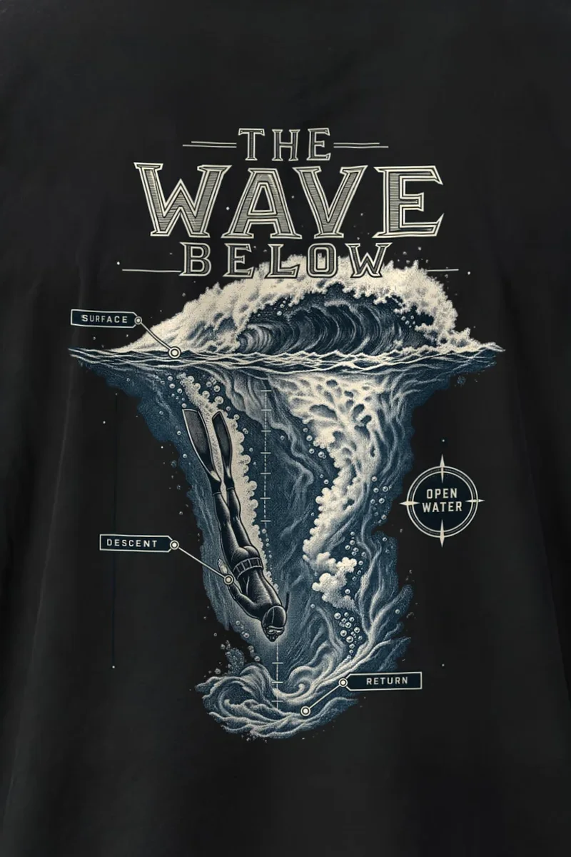 "The Wave Below" Men’s Oversized Heavyweight Crewneck T-Shirt - the graphic up close