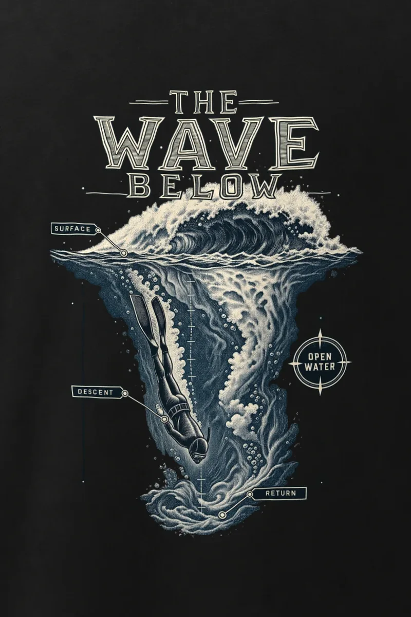 "The Wave Below" Men’s Oversized Heavyweight Crewneck T-Shirt - the graphic up close
