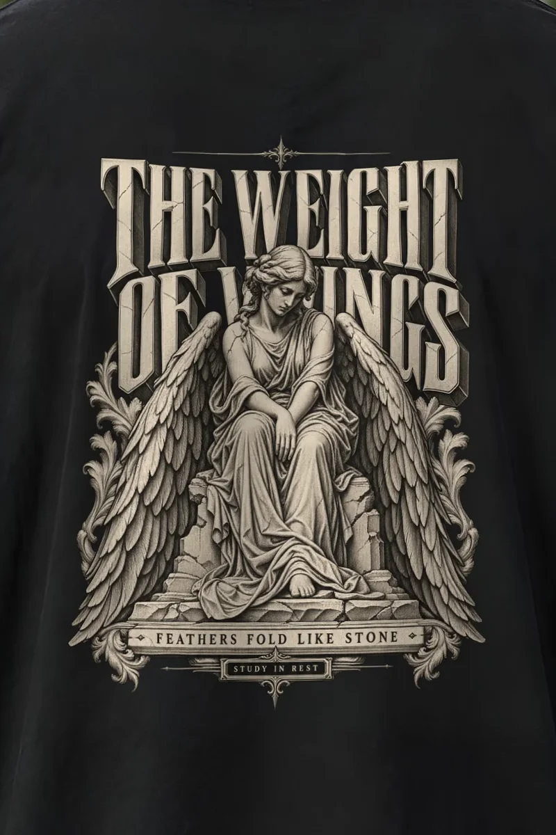 "The Weight of Wings" Men’s Oversized Heavyweight Crewneck T-Shirt - the graphic up close