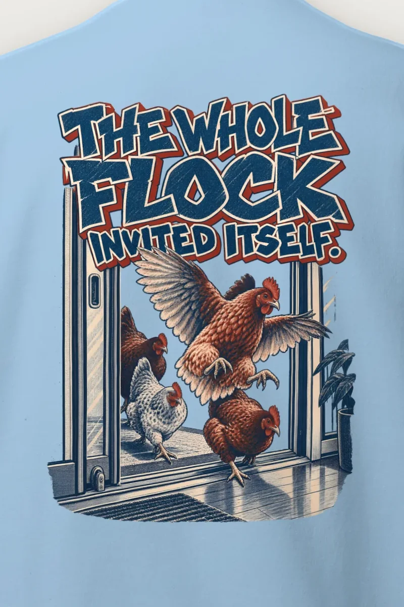 "The Whole Flock Invited Itself" Heavy Blend Unisex Crewneck Sweatshirt - the graphic up close