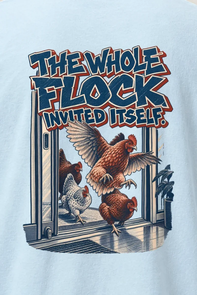 "The Whole Flock Invited Itself" Heavyweight Unisex Crewneck T-shirt - the graphic up close