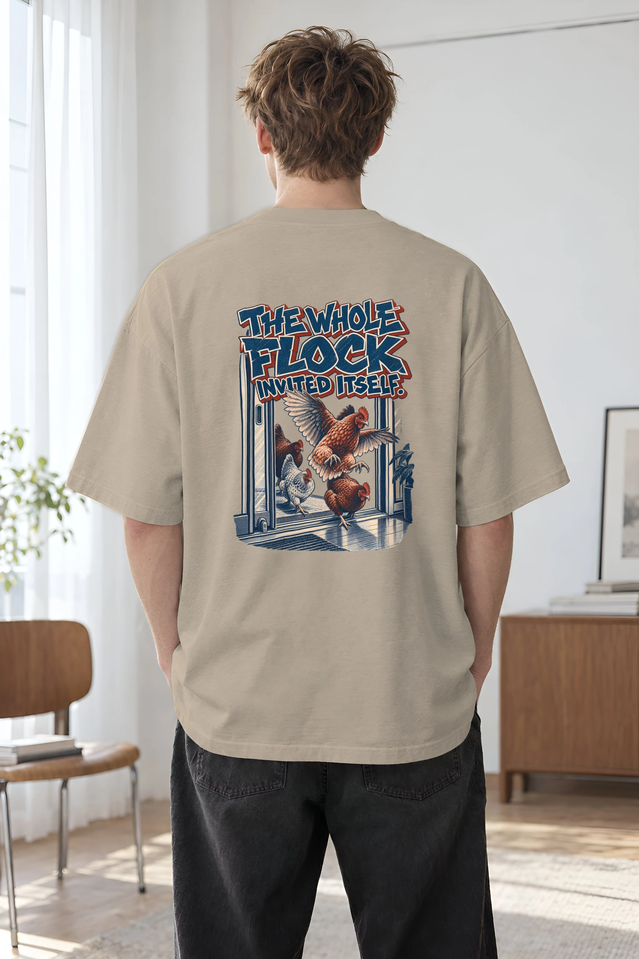 "The Whole Flock Invited Itself" Men's Oversized Heavyweight Crewneck T-Shirt