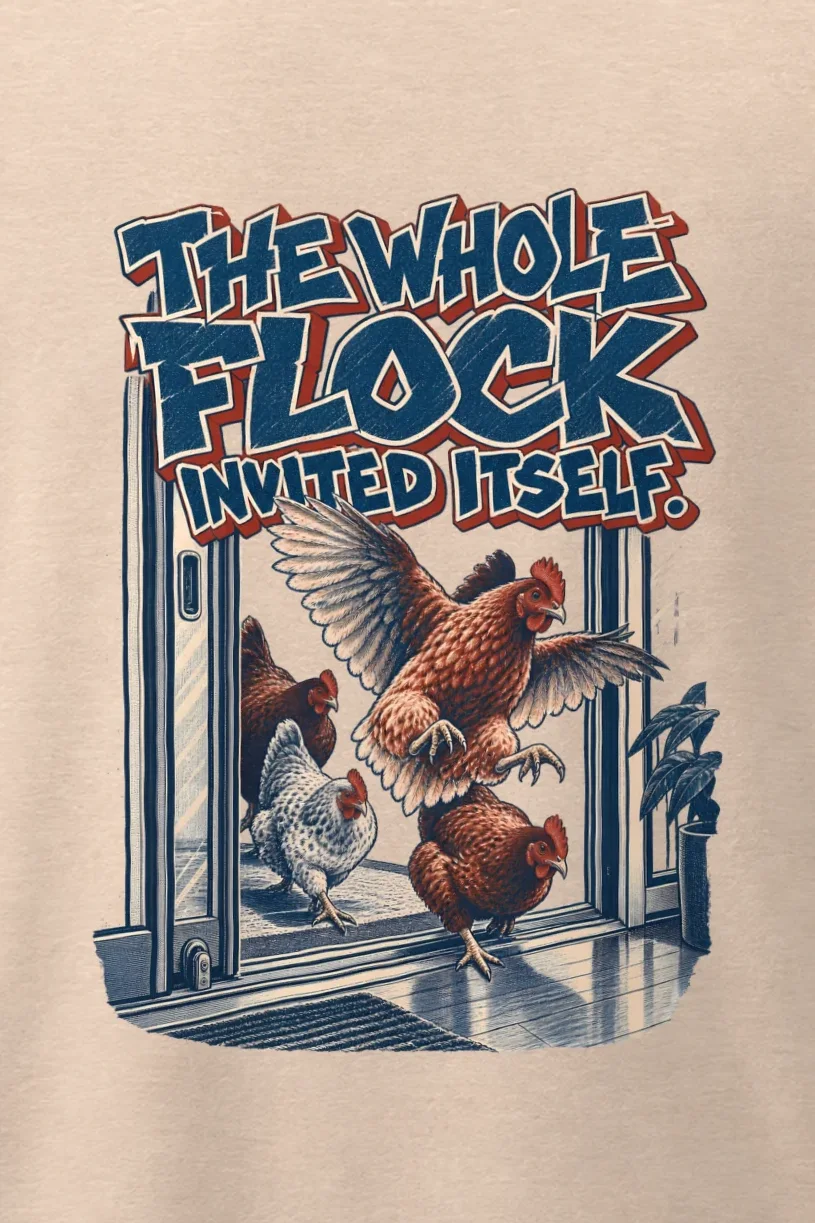 "The Whole Flock Invited Itself" Men’s Oversized Heavyweight Crewneck T-Shirt - the graphic up close