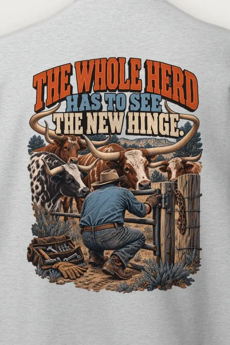 "The Whole Herd Has to See the New Hinge" Heavy Blend Unisex Crewneck Sweatshirt - the graphic up close