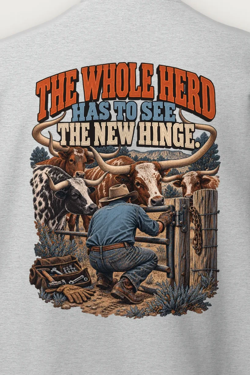 "The Whole Herd Has to See the New Hinge" Heavy Blend Unisex Crewneck Sweatshirt - the graphic up close