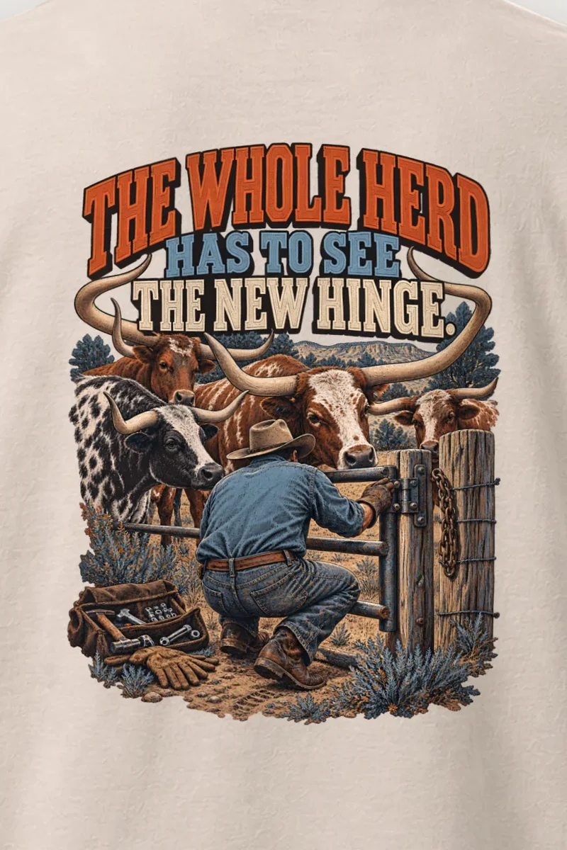 "The Whole Herd Has to See the New Hinge" Heavyweight Unisex Crewneck T-shirt - the graphic up close