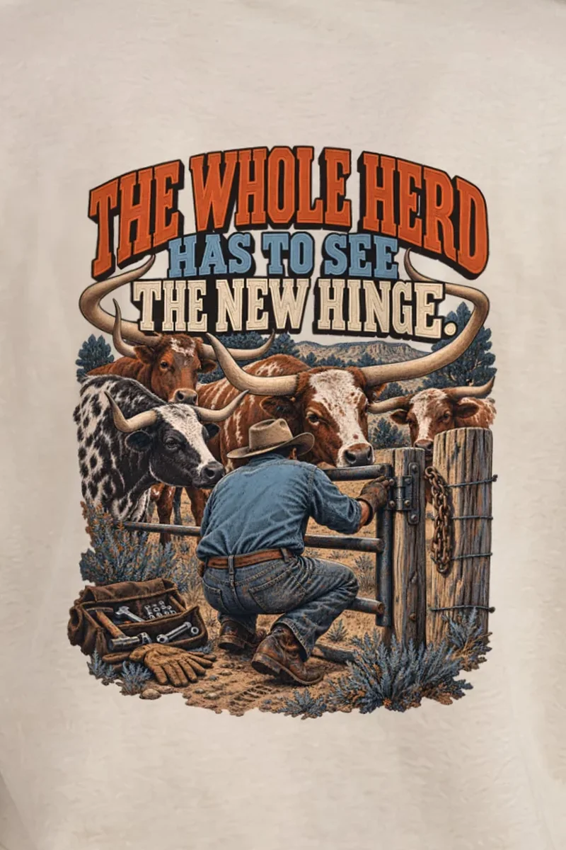 "The Whole Herd Has to See the New Hinge" Heavyweight Unisex Crewneck T-shirt - the graphic up close