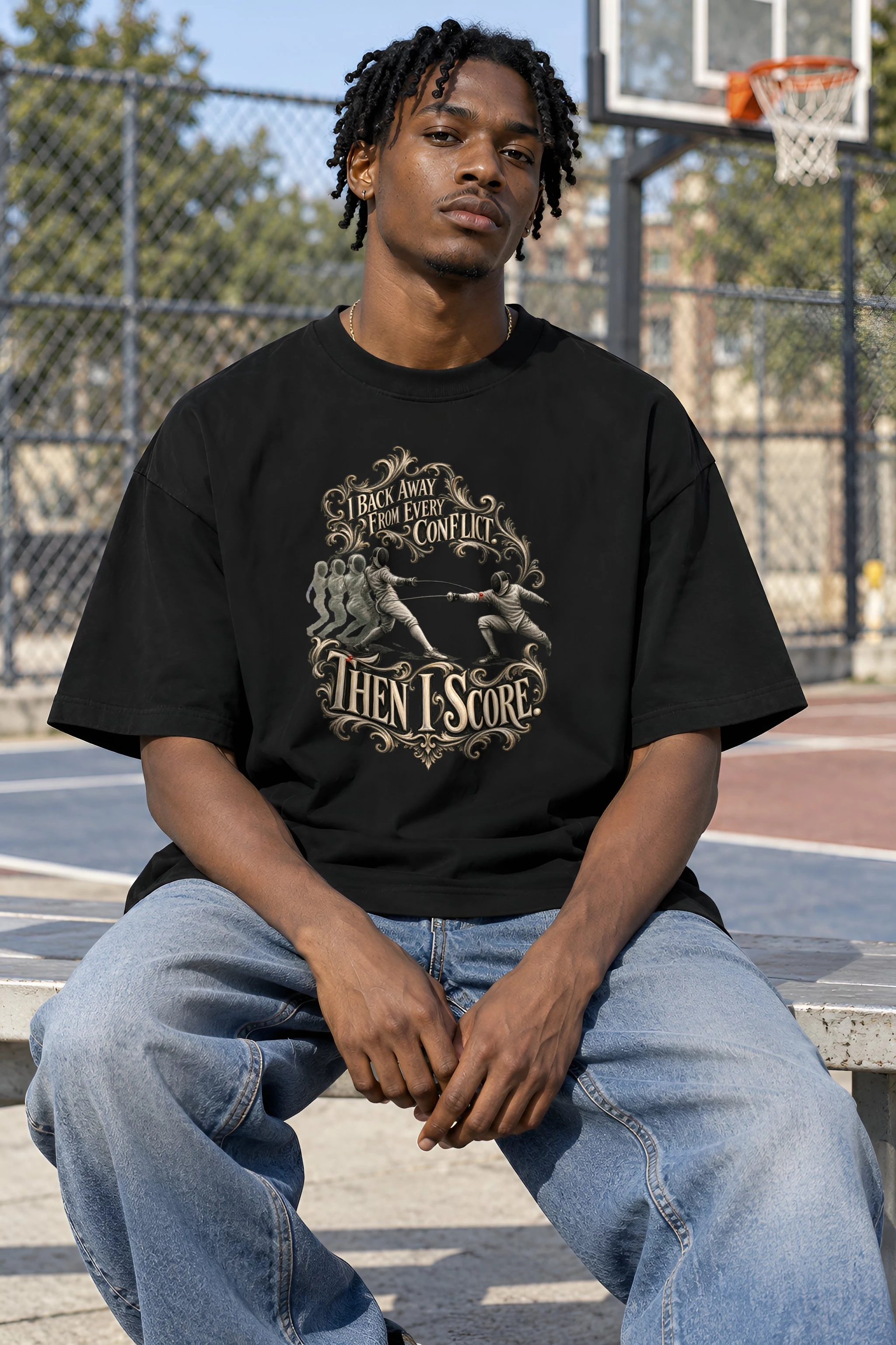 "Then I Score Fencing" Unisex Oversized Heavyweight Crewneck T-Shirt