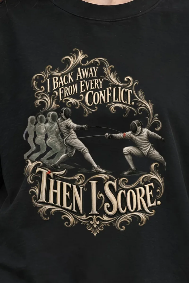 "Then I Score Fencing" Unisex Oversized Heavyweight Crewneck T-Shirt - the graphic up close