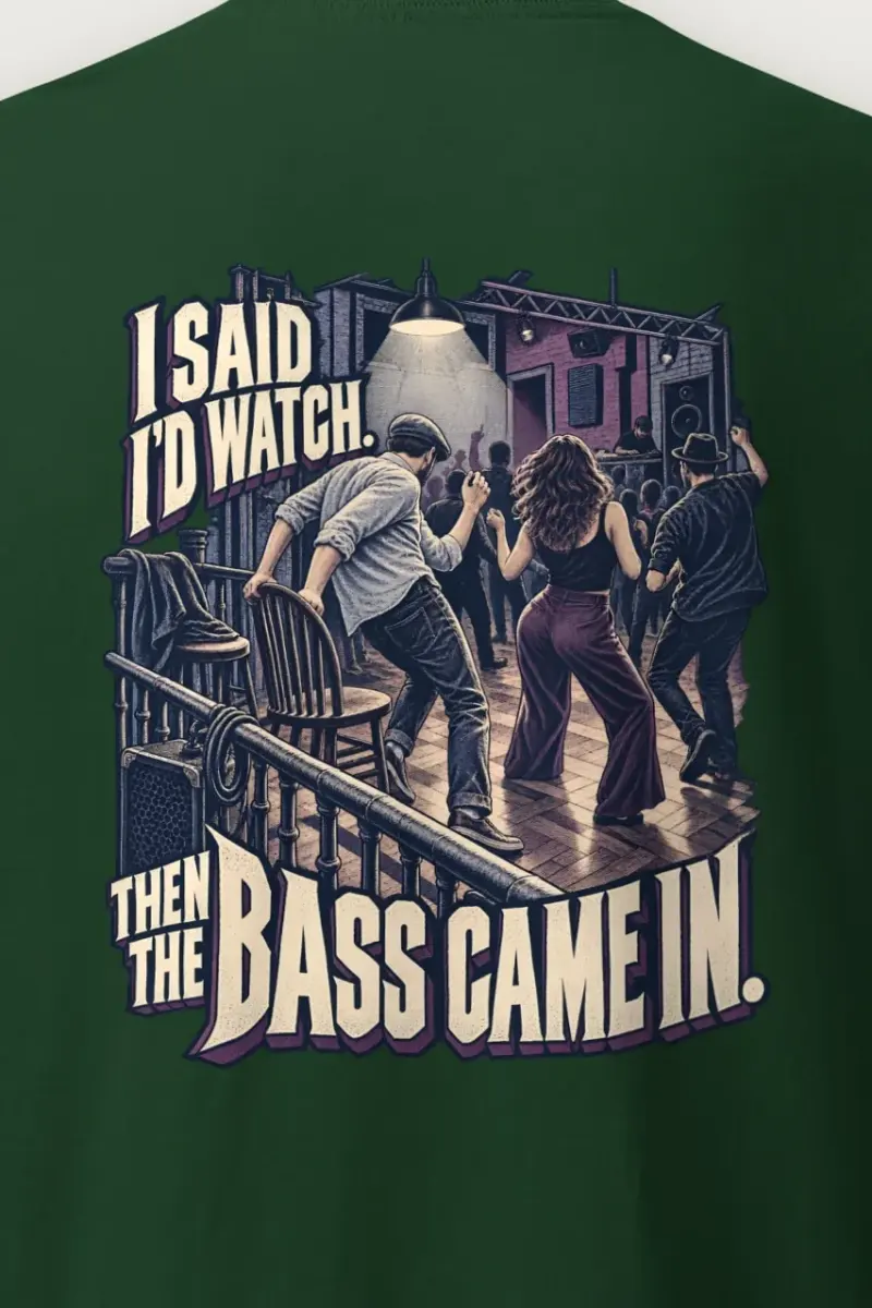"Then the Bass Came In" Heavyweight Unisex Crewneck T-shirt - the graphic up close