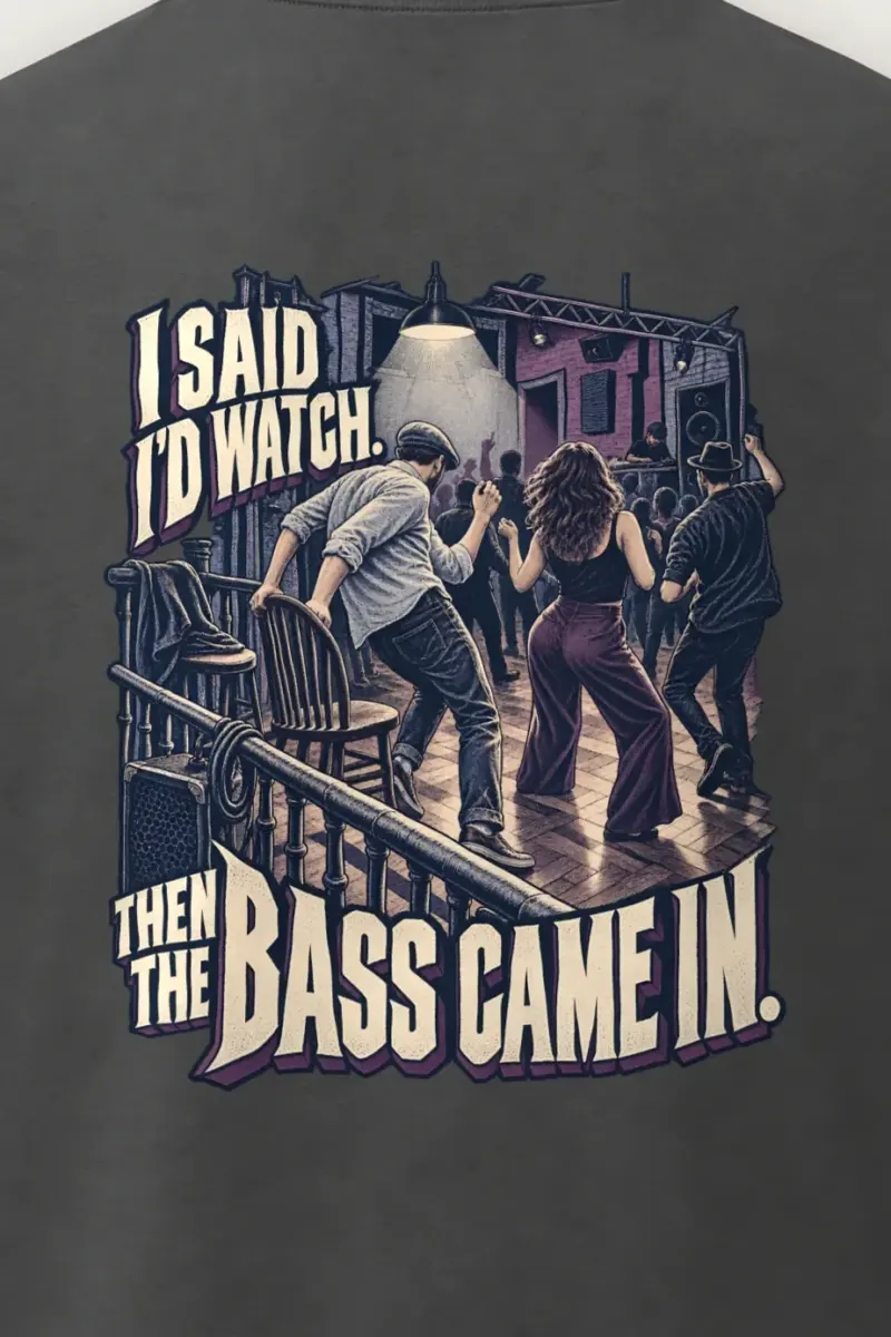 "Then the Bass Came In" Men’s Oversized Heavyweight Crewneck T-Shirt - the graphic up close