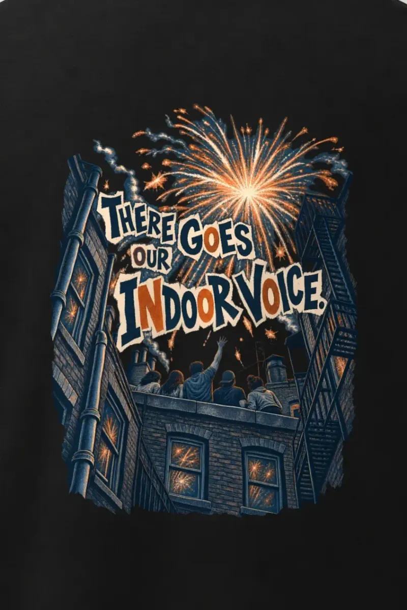 "There Goes Our Indoor Voice" Men’s Oversized Heavyweight Crewneck T-Shirt - the graphic up close