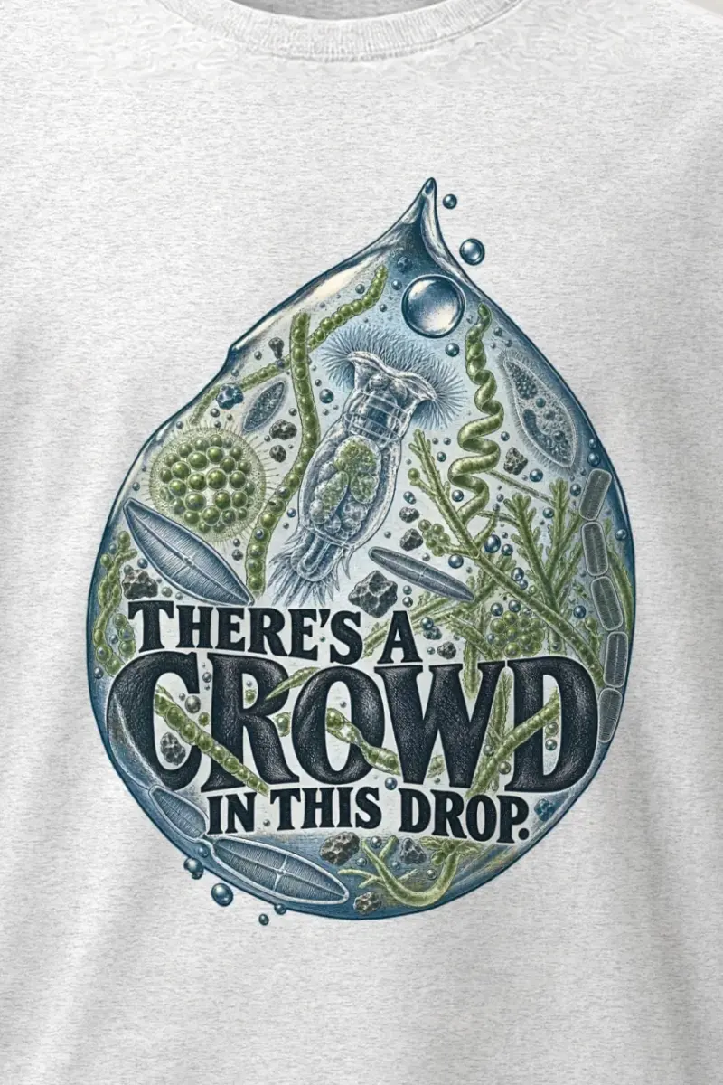 "There’s a Crowd in This Drop" Heavyweight Unisex Crewneck T-shirt - the graphic up close