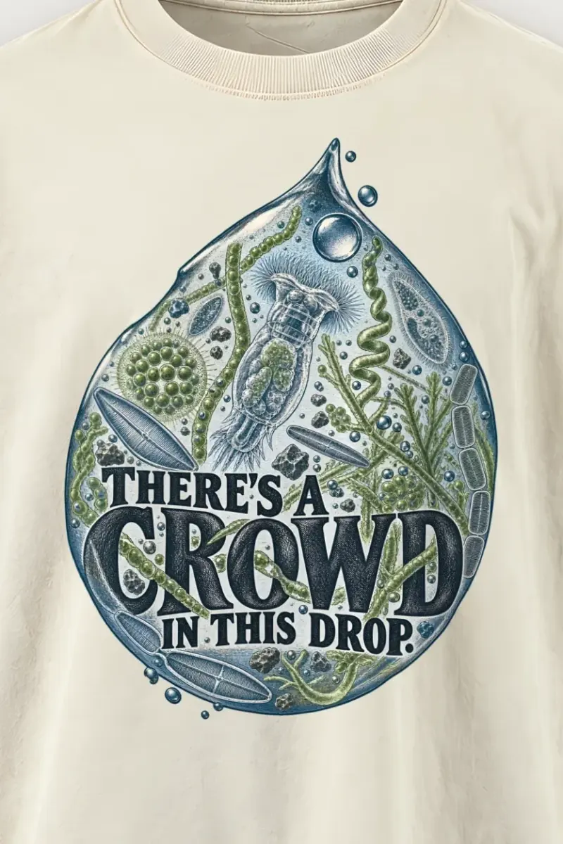 "There’s a Crowd in This Drop" Men’s Oversized Heavyweight Crewneck T-Shirt - the graphic up close