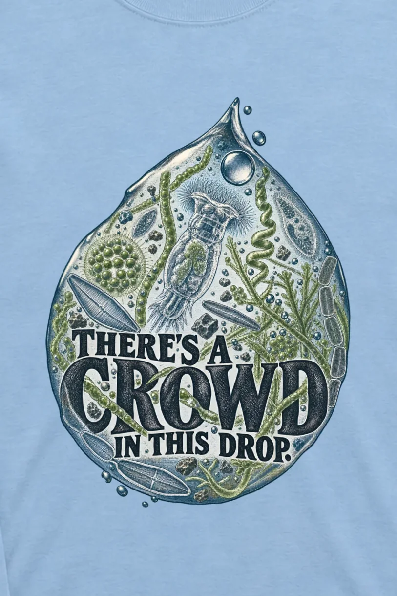 "There’s a Crowd in This Drop" Unisex Longsleeve T-shirt - the graphic up close