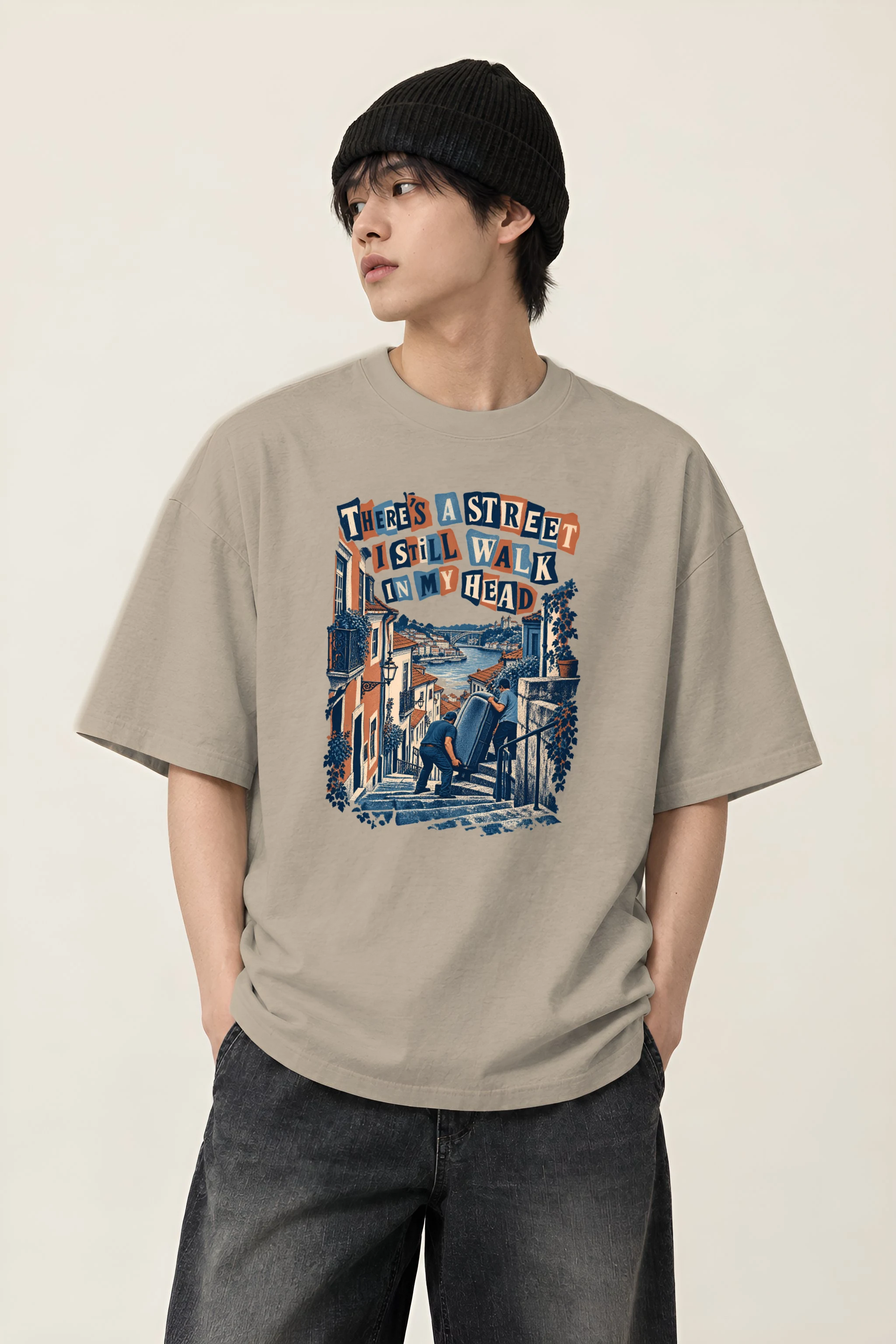"THERE’S A STREET I STILL WALK IN MY HEAD" Men's Oversized Heavyweight Crewneck T-Shirt