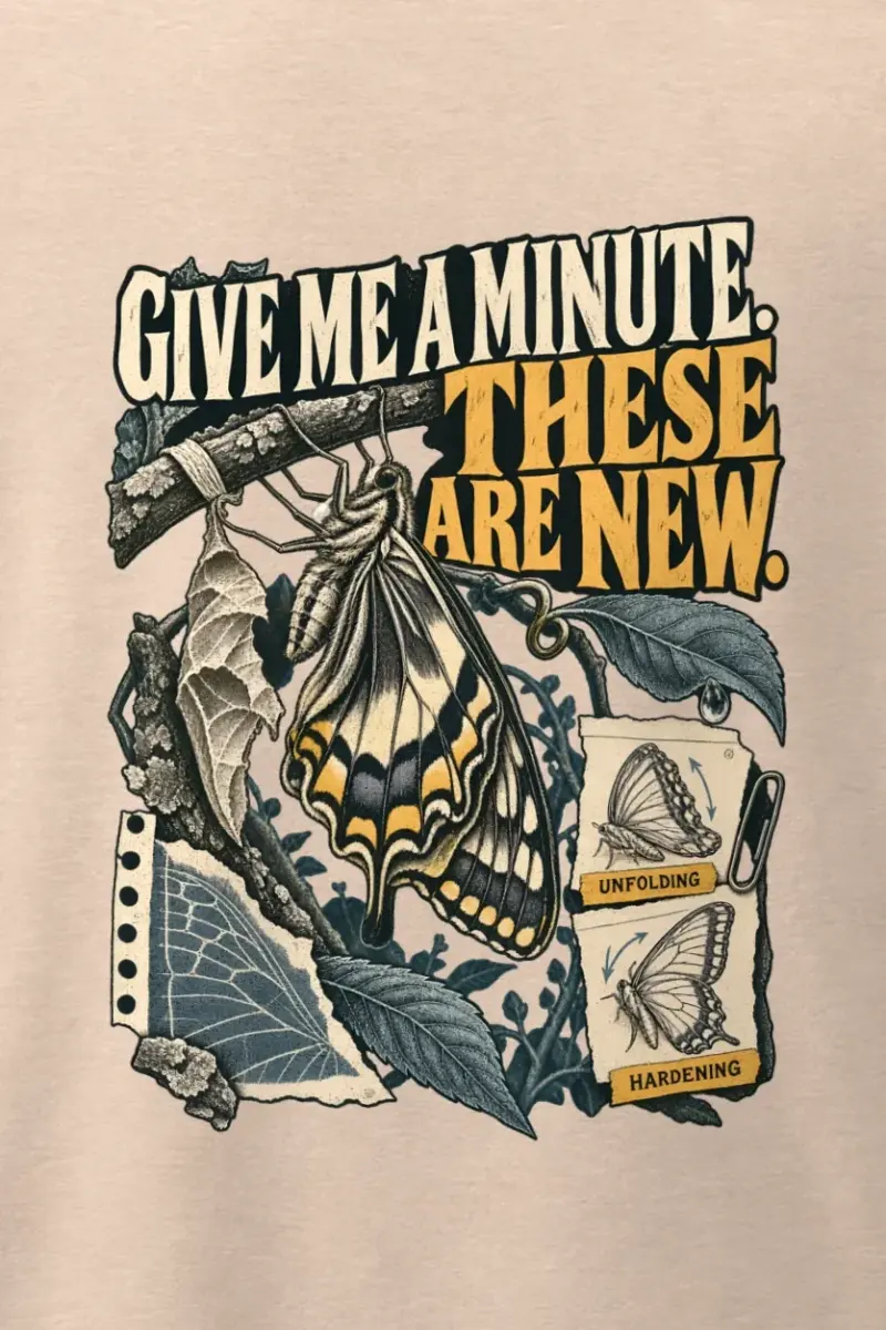 "These Are New" Men’s Oversized Heavyweight Crewneck T-Shirt - the graphic up close