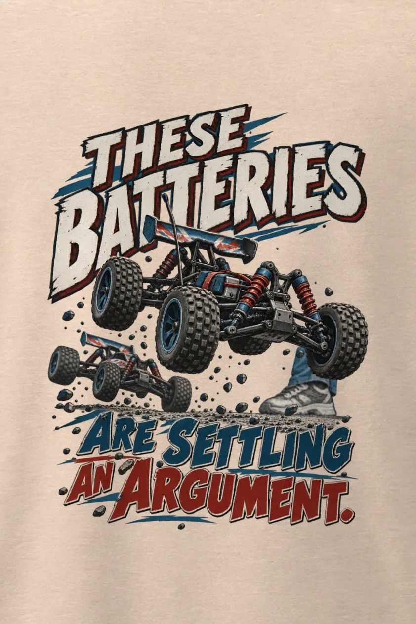 "These Batteries Are Settling an Argument" Men’s Oversized Heavyweight Crewneck T-Shirt - the graphic up close
