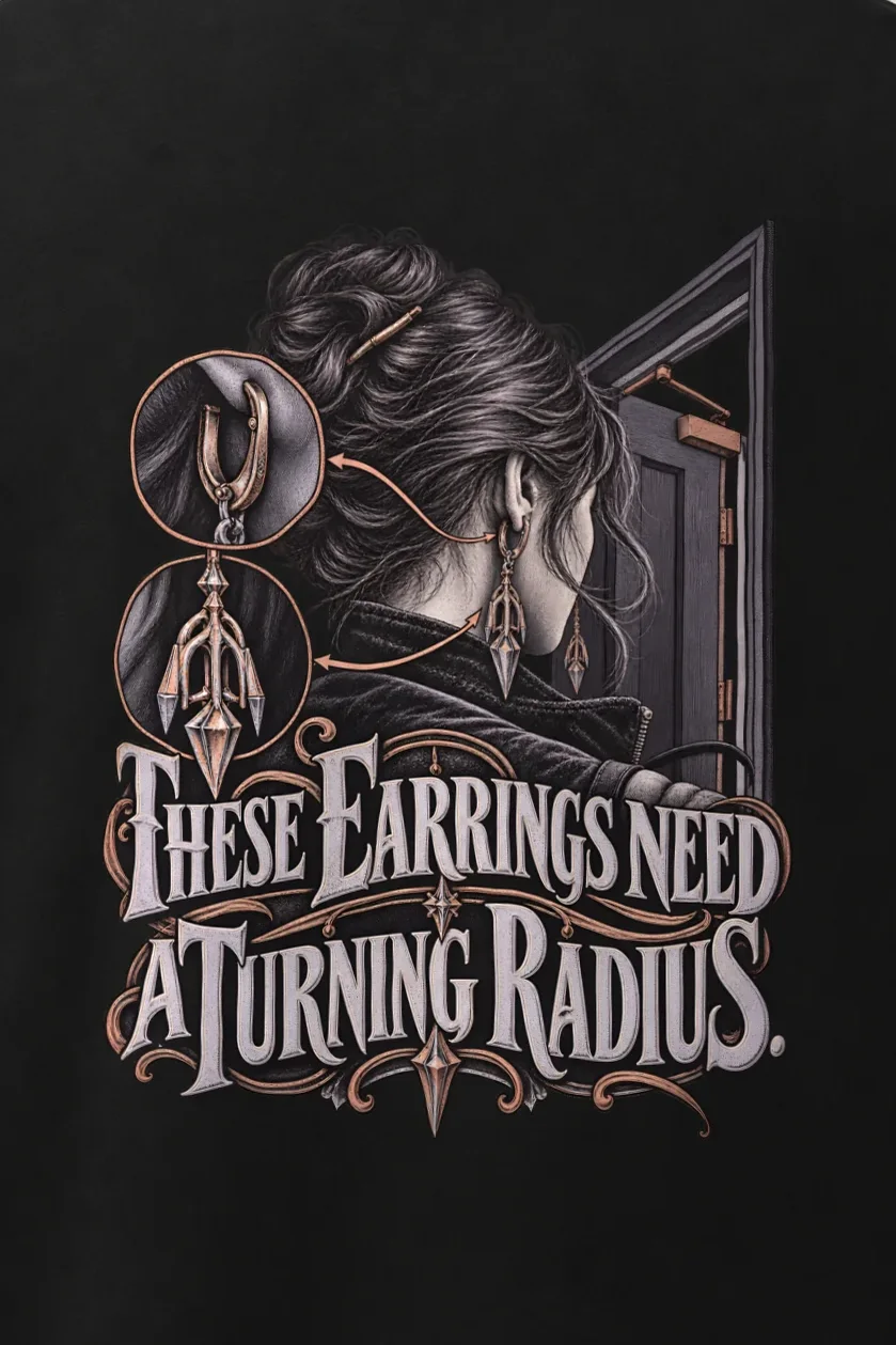 "These Earrings Need A Turning Radius" Men’s Oversized Heavyweight Crewneck T-Shirt - the graphic up close