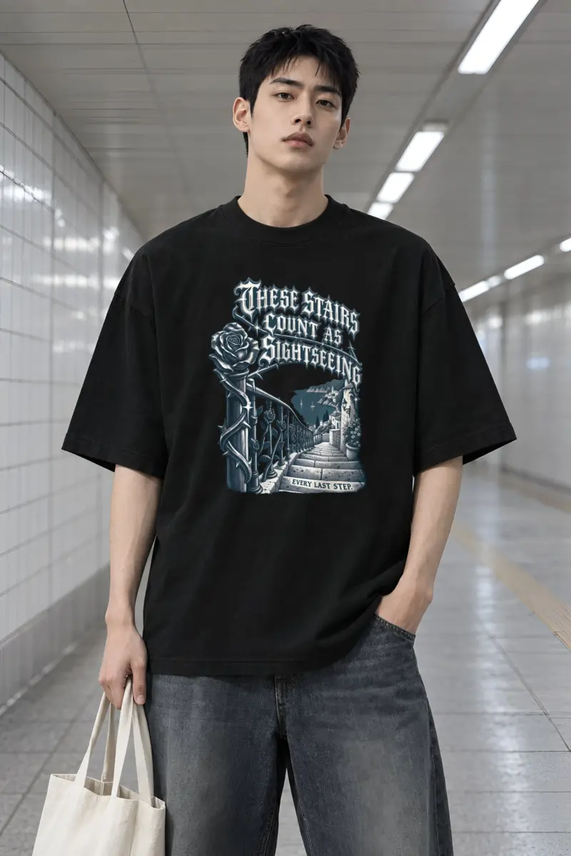 “These Stairs Count As Sightseeing” Men’s Oversized Heavyweight Crewneck T-Shirt